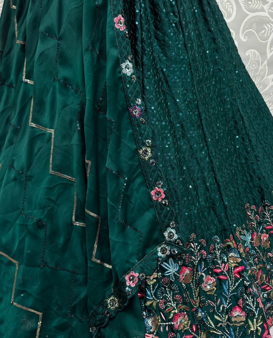 2811 - Beautiful Flower Pattern Green Embroidery and Thread work design Partywear Lehengacholi 